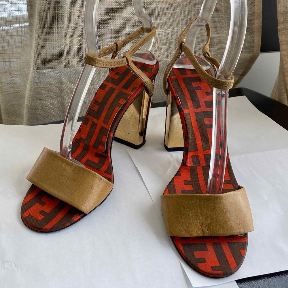 FENDI TAN LEATHER STRAP MONOGRAM INSOLE SZ 37 GOLD HEELS CLOGS ANKLE STRAP mules
